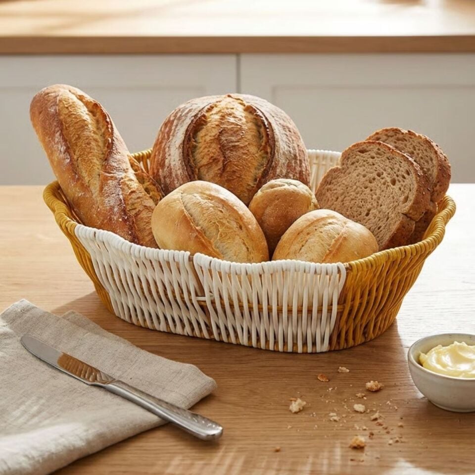 AD Oval Çift Renkli Plastik Rattan Ekmek ve Meyve Sepeti - Çok Amaçlı Banyo ve Mutfak Düzenleyici - Yıkanabilir Dekoratif Tezgâh Üstü Organizer