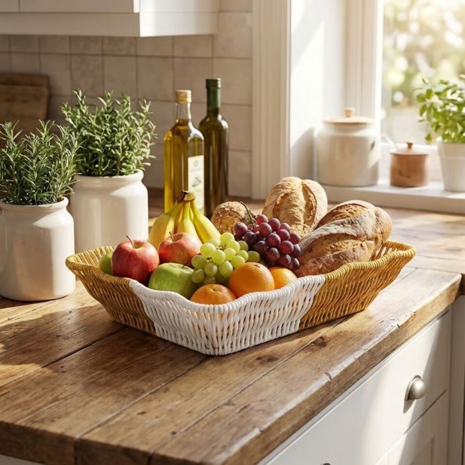 AD Dikdörtgen Çift Renkli Plastik Rattan Ekmek ve Meyve Sepeti - Çok Amaçlı Banyo ve Mutfak Düzenleyici - Yıkanabilir Tezgâh Üstü Organizer