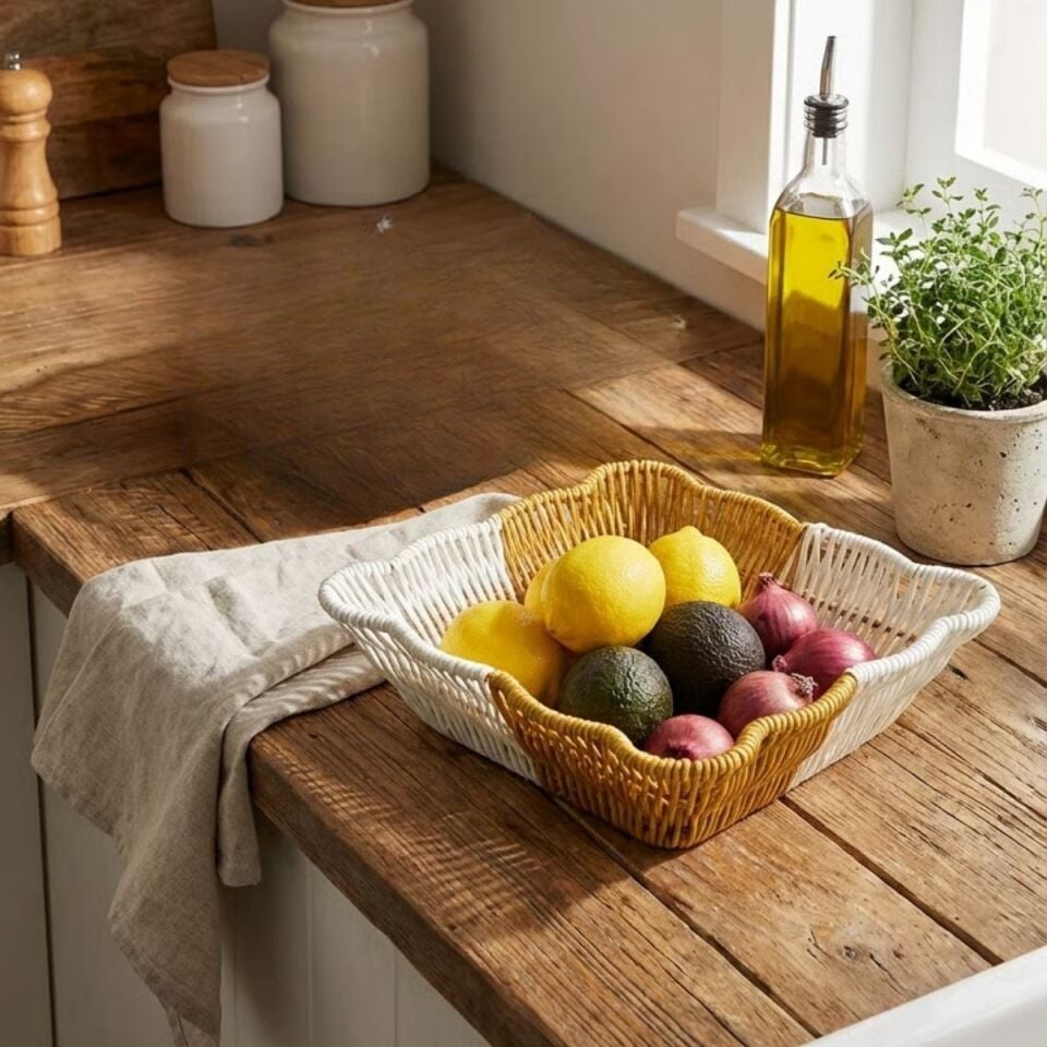 AD Kare Dalgalı Çift Renkli Plastik Rattan Ekmek ve Meyve Sepeti - Çok Amaçlı Banyo ve Mutfak Düzenleyici - Yıkanabilir Tezgâh Üstü Organizer