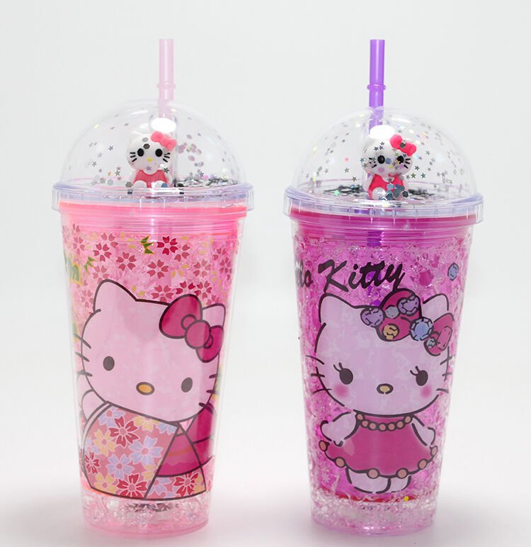 Sevimli Hello Kitty Işıklı Pipetli Boncuklu Suluk & Bardak (400 Ml)