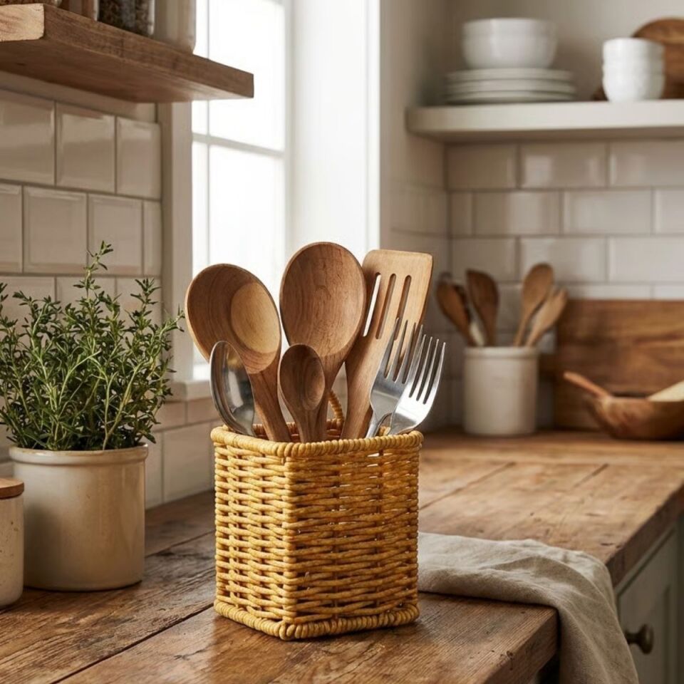 AD Kare Hasır Dokulu Plastik Rattan Kaşıklık & Çatallık – Askılı Kendiliğinden Tutmalı Çok Amaçlı Mutfak Organizeri