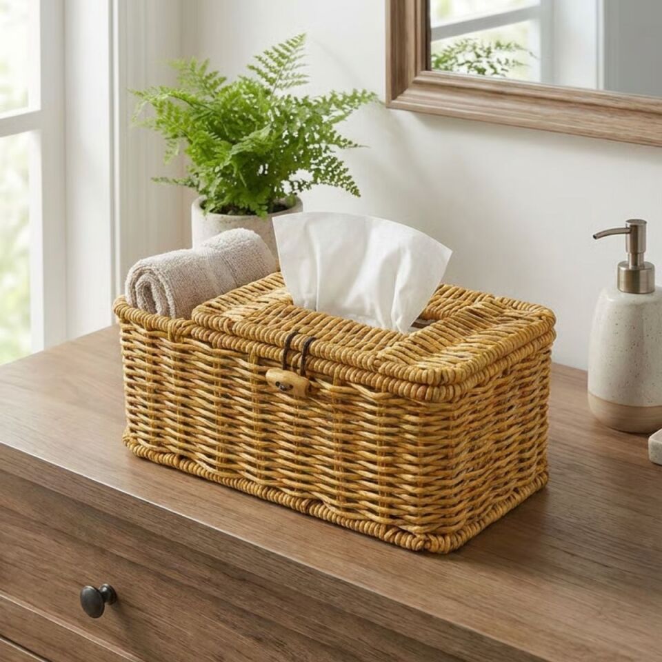 AD Bölmeli Kapaklı Doğal Rattan Görünümlü Hasır Makyaj, Takı ve Havlu Düzenleyici – Peçetelikli Çok Amaçlı Masaüstü Organizer Sepet