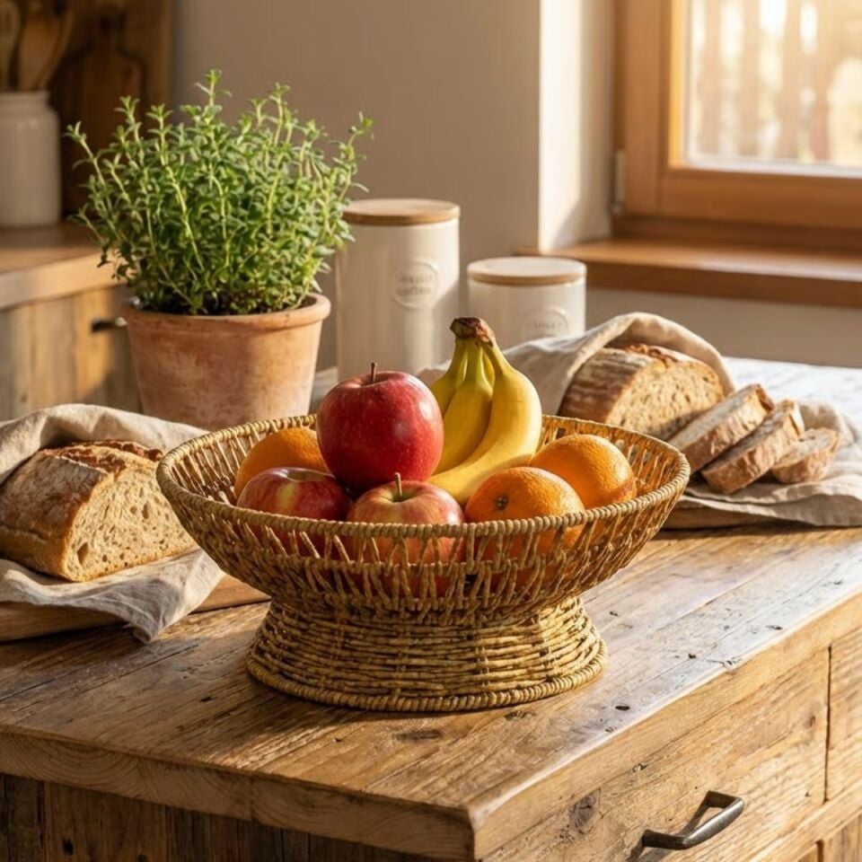 AD 25 cm Plastik Rattan Servis Çanağı – Doğal Hasır Görünümlü Dekoratif Meyve, Ekmek ve Sunum Kasesi