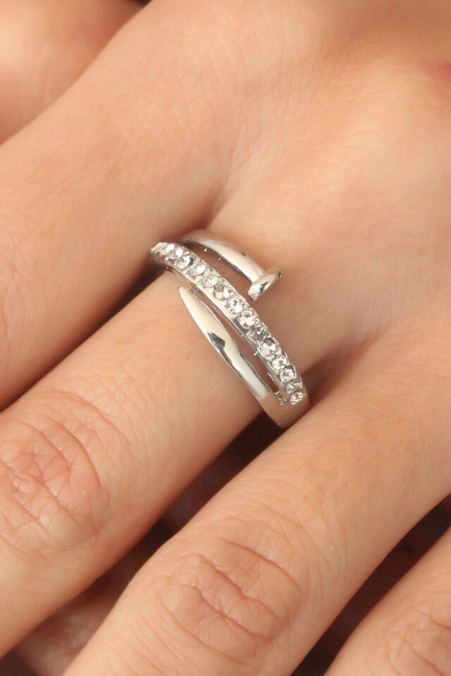 Mey İthalat® Gümüş Renk Taşlı Çivi Ayarlanabilir Kadın Yüzük