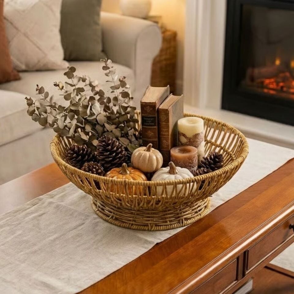 AD 31 cm Plastik Rattan Servis Çanağı – Doğal Hasır Görünümlü Dekoratif Meyve, Ekmek ve Sunum Kasesi