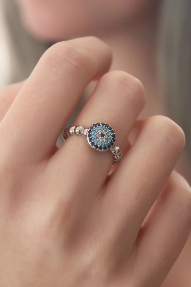 Mey İthalat® Gümüş Renk Nazar Boncuk Figür Zirkon Taş Detay Kadın Yüzük