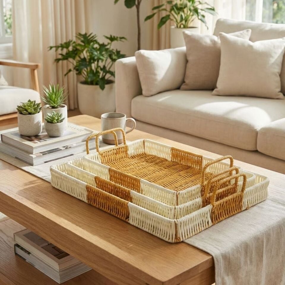 AD İç İçe Geçebilen 3’lü Dikdörtgen Plastik Rattan Tepsi Seti–Çift Renkli Hasır Görünümlü Çok Amaçlı Servis ve Sunum Tepsileri