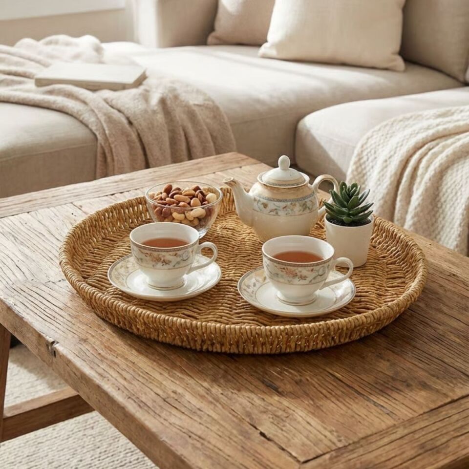 AD 40 cm Plastik Rattan Tepsi – Hasır Görünümlü Dekoratif Servis Tepsisi, Mutfak, Kahvaltı, Sunum ve Masaüstü Çok Amaçlı Organizer