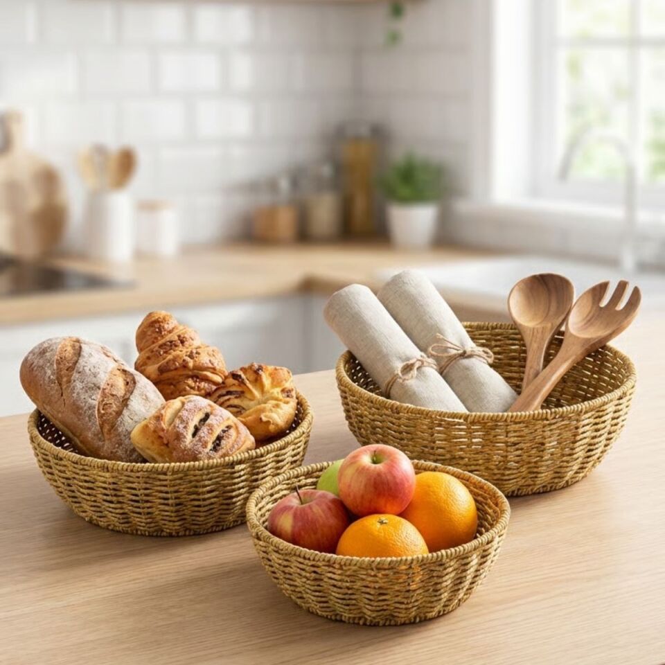 AD 3’lü Plastik Rattan Çanak Seti – Hasır Görünümlü İç İçe Geçebilen Sunum ve Düzenleme Kaseleri, Mutfak & Masaüstü Çok Amaçlı Organizer