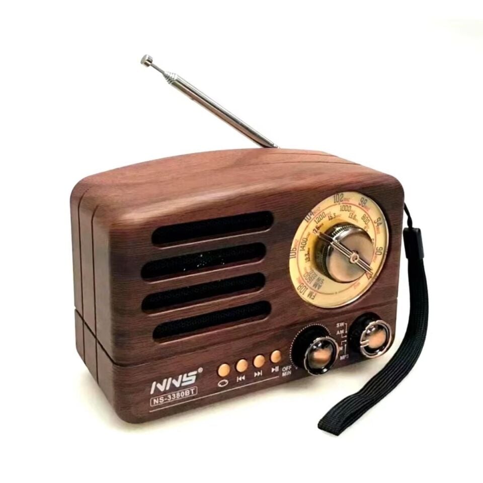 AD Küçük Boy Retro, Nostaljik, Ahşap Tasarım Bluetooth Hoparlörlü, Şarjlı, Taşınabilir Büyük Döndürülebilen Düğmeli FM/AM Destekli Radyo NS3380