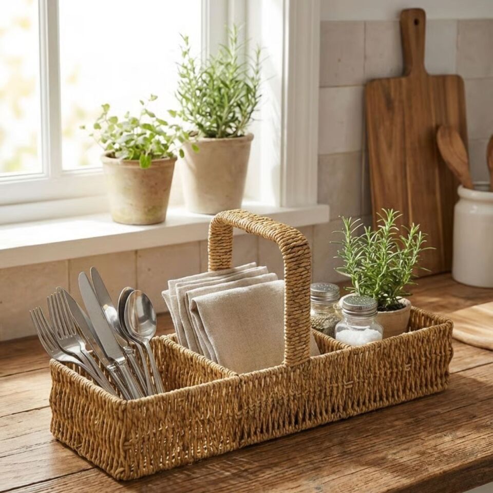 AD 3 Bölmeli Plastik Rattan Düzenleyici–Saplı Masaüstü Organizer, Mutfak Kaşık Çatal Sepeti, Banyo & Ofis Çok Amaçlı Sunum Standı
