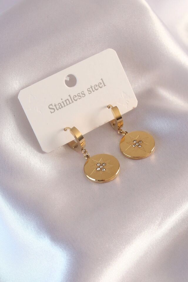 Mey İthalat® Çelik Gold Renk Kutup Yıldızı İşleme Zirkon Taşlı Kadın Küpe