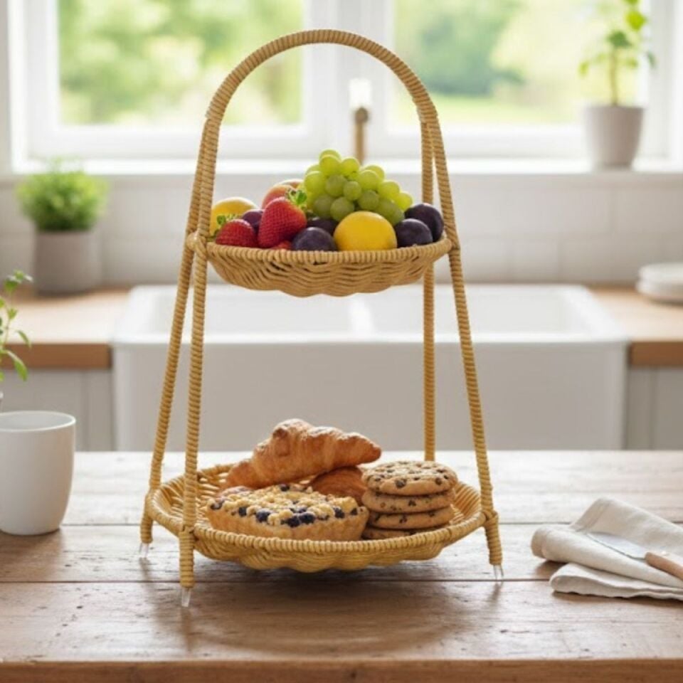 AD Plastik Rattan İki Katlı Sunumluk–Dekoratif Organizer, Mutfak Meyve,Sebze Sepeti, Banyo Düzenleyici Raf,Masaüstü Çok Amaçlı Sunum Standı