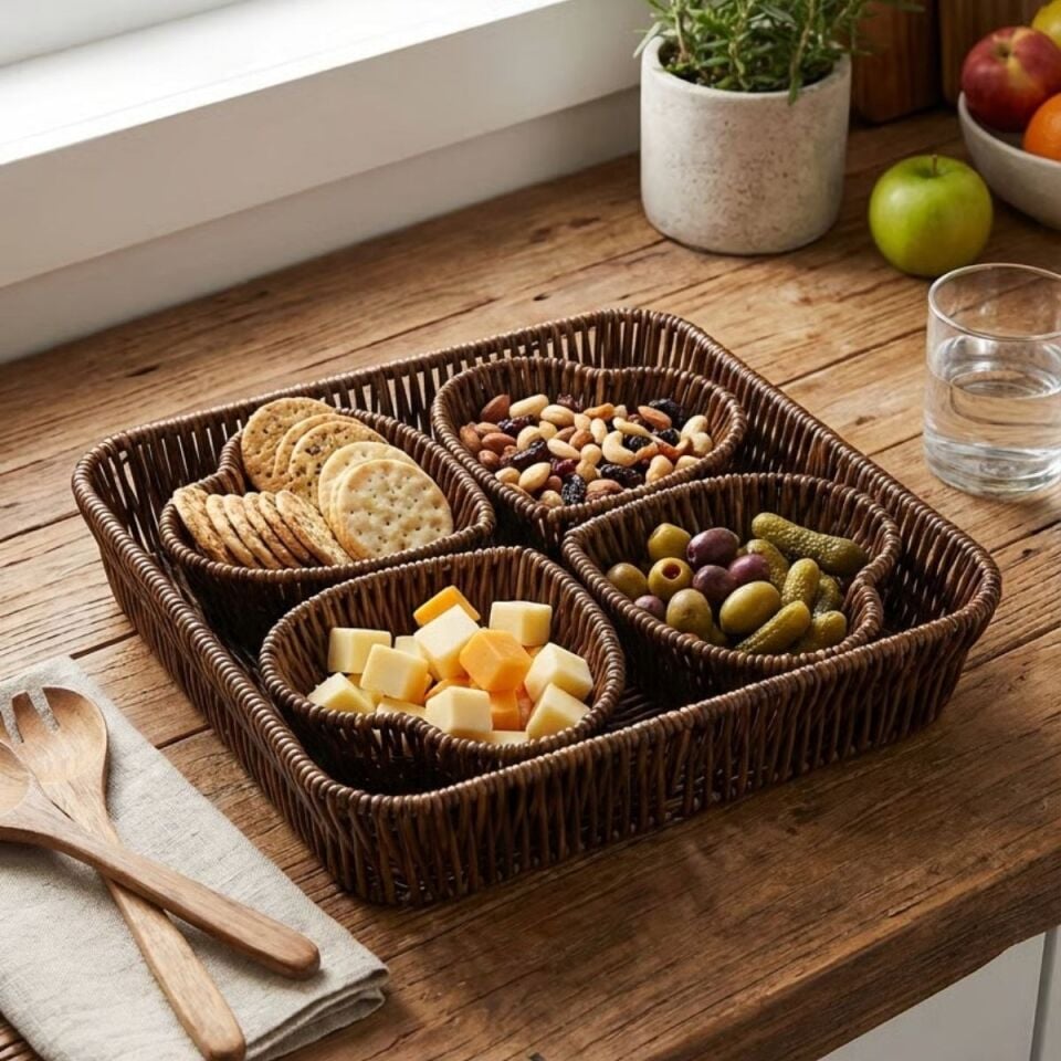 AD 5 Parça,4 Kalp Formlu Plastik Rattan Sunum ve Kahvaltı Seti-Bölmeli Çerezlik ve Meyvelik-Doğal Hasır Görünümlü Tepsi ve Sunum Tabakları
