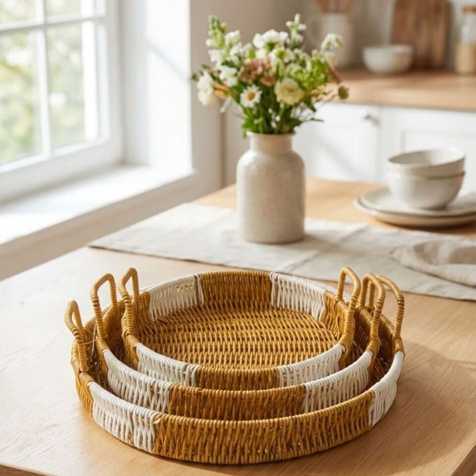 AD İç İçe Geçebilen 3’lü Yuvarlak Plastik Rattan Tepsi Seti–Çift Renkli Hasır Görünümlü Çok Amaçlı Servis ve Sunum Tepsileri
