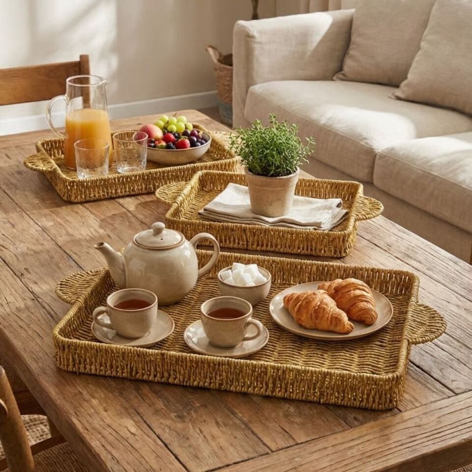 AD İç İçe Geçebilen 3’lü Dikdörtgen Plastik Rattan Tepsi Seti–Hasır Görünümlü Çok Amaçlı Servis ve Sunum Tepsileri