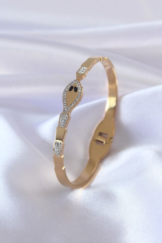 Mey İthalat® 316L Çelik Gold Renk Yılan Model Zirkon Taş Detay Kadın Kelepçe