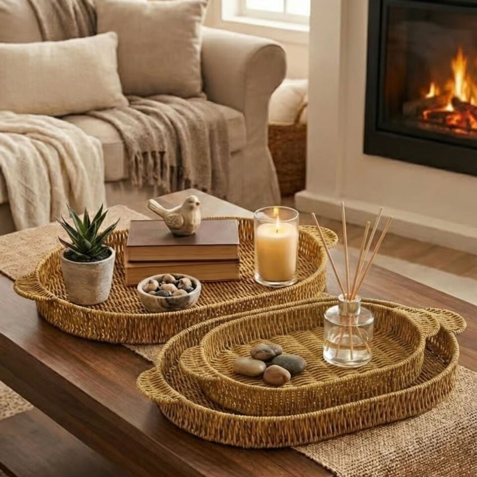 AD İç İçe Geçebilen 3’lü Oval Plastik Rattan Tepsi Seti–Hasır Görünümlü Çok Amaçlı Servis ve Sunum Tepsileri