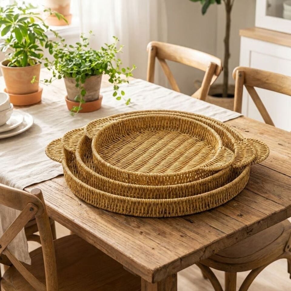 AD İç İçe Geçebilen 3’lü Yuvarlak Plastik Rattan Tepsi Seti–Hasır Görünümlü Çok Amaçlı Servis ve Sunum Tepsileri