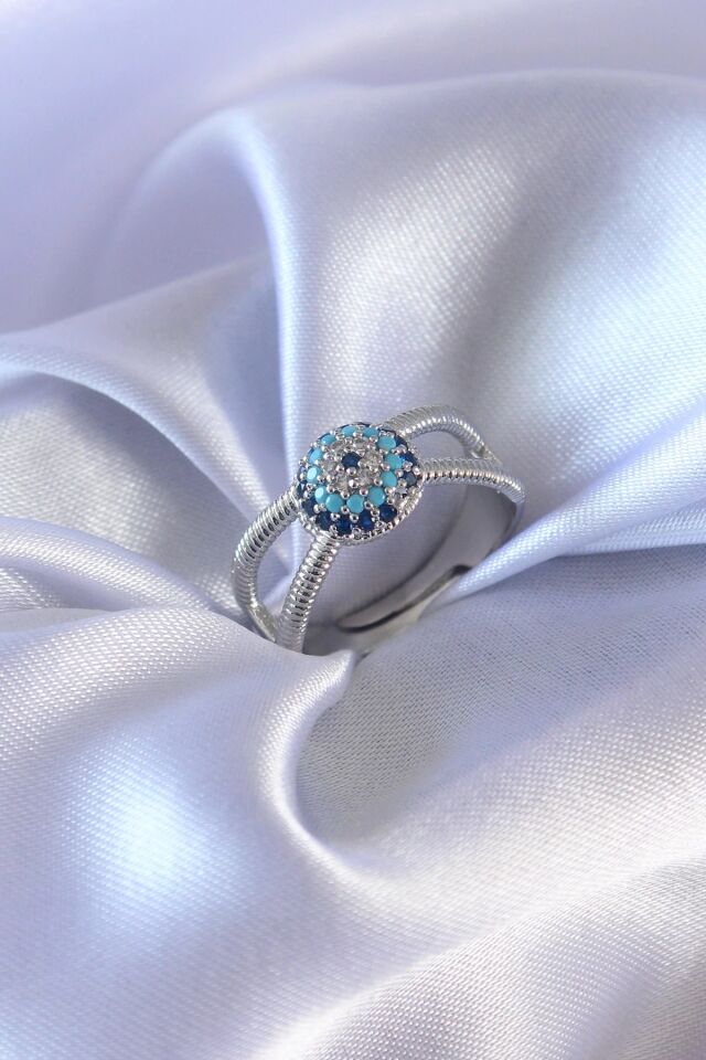 Mey İthalat® Gümüş Renk Nazar Boncuk Model Kadın Yüzük