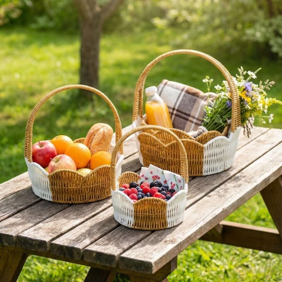 AD İç İçe Geçebilen 3’lü Çift Renkli Yuvarlak Dalgalı Formlu Saplı Plastik Rattan Sepet Seti – Hasır Görünümlü Çok Amaçlı Organizerler