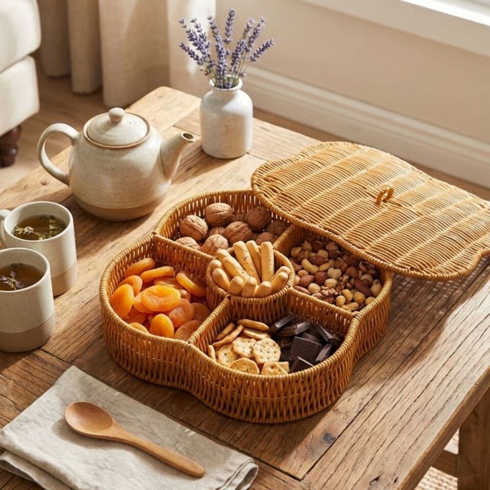 AD Kapaklı 5 Bölmeli Plastik Rattan Organizer Kutu – Hasır Desenli Çok Amaçlı Saklama ve Sunum Sepeti Çerezlik