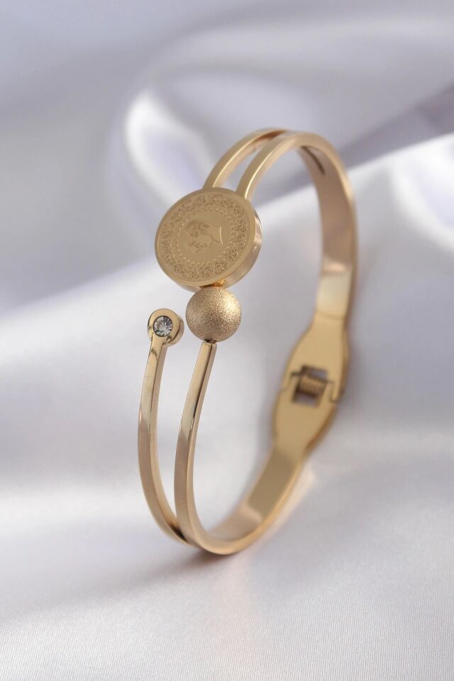 Mey İthalat® 316L Çelik Gold Renk Çeyrek Altın Zirkon Taş Detay Kadın Kelepçe