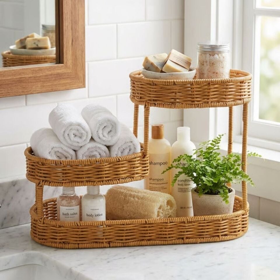 AD 3 Katlı Oval Rattan Organizer Sepet – Plastik Hasır Görünümlü Çok Amaçlı Düzenleyici