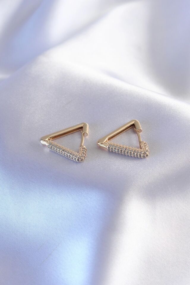 Mey İthalat® Gold Renk Zirkon Taşlı Üçgen Model Kadın Küpe