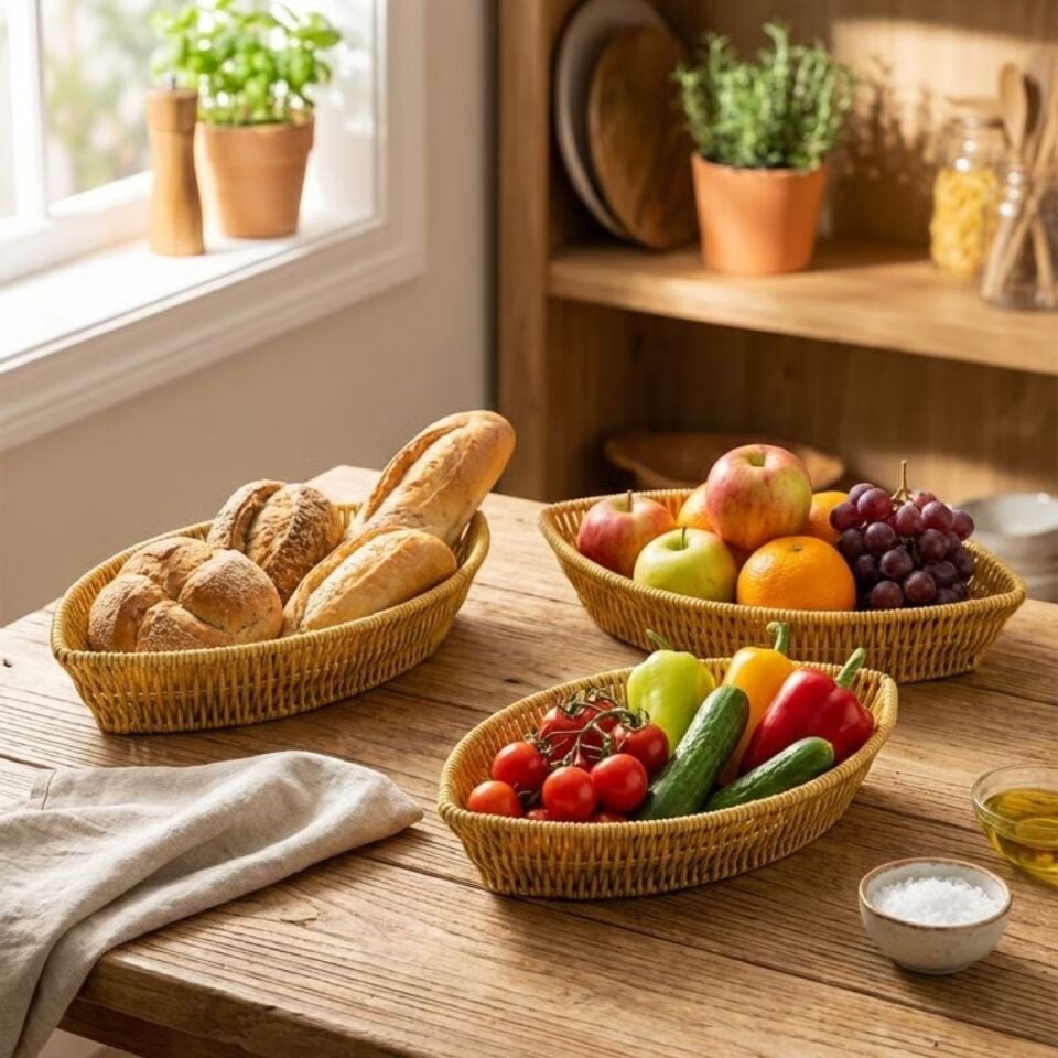 AD 3’lü Kayık Formlu Plastik Rattan Sepet Seti–Hasır Görünümlü Ekmek, Meyve ve Sunum Sepetleri, Çok Amaçlı Masaüstü Organizer