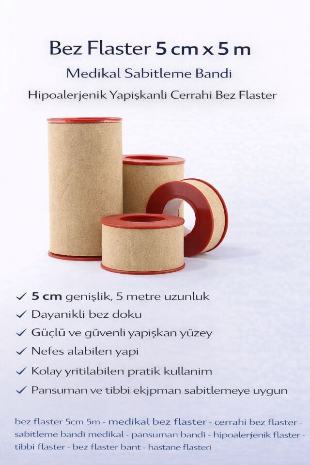 Bez Flaster 5 cm x 5 m Medikal Sabitleme Bandı Hipoalerjenik Yapışkanlı Cerrahi Bez Flaster