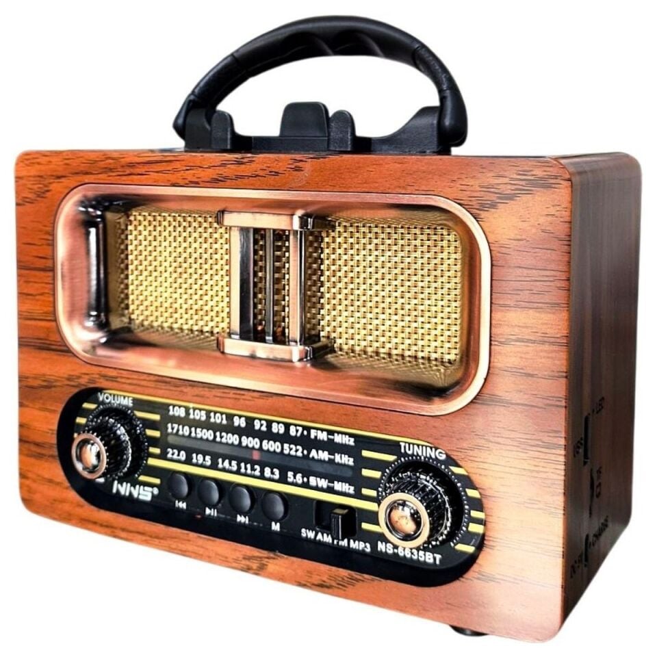 AD Büyük Boy Retro, Nostaljik, Ahşap Tasarım Bluetooth Hoparlörlü, Şarjlı, Taşınabilir FM/AM Destekli Radyo NS-6635