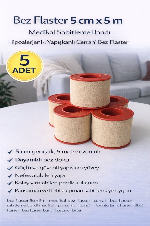 Bez Flaster 5 cm x 5 m Medikal Sabitleme Bandı Hipoalerjenik Yapışkanlı Cerrahi Bez Flaster 5 ADET