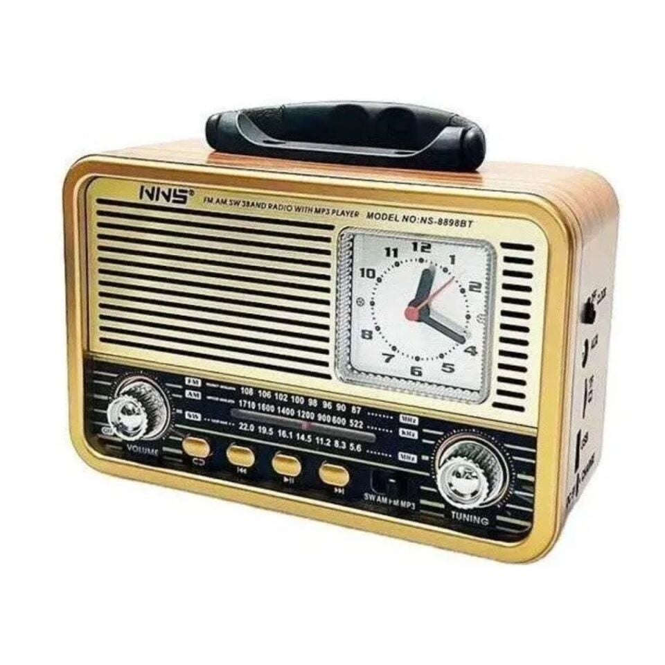 AD Orta Boy Saat Göstergeli Retro Ahşap Tasarım Bluetooth Hoparlörlü Radyo – FM/AM Destekli, Şarjlı ve Taşınabilir Radyo NS-8898