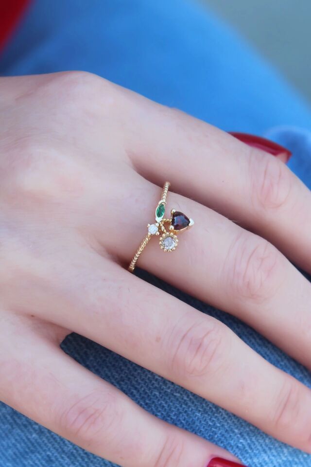 Mey İthalat® Gold Renk Kiraz Model Zirkon Taşlı Kadın Yüzük