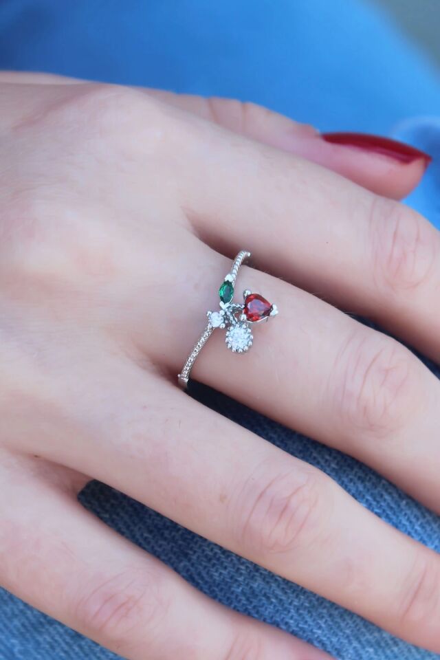 Mey İthalat® Gümüş Renk Kiraz Model Zirkon Taşlı Kadın Yüzük