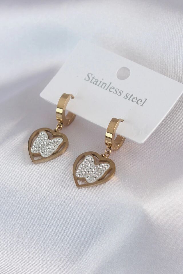 Mey İthalat® 316L Çelik Gold Renk Kelebek Model Zirkon Taş Detay Kadın Küpe