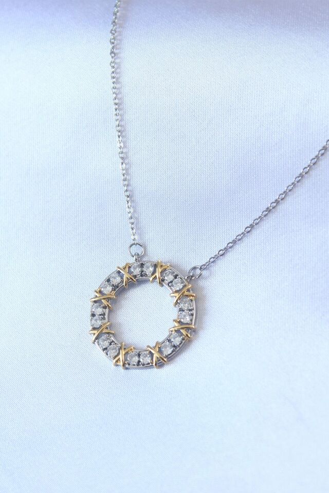 Mey İthalat® 316L Çelik Gümüş Renk Zirkon Taşlı Gold Detay Xoxo Kadın Kolye