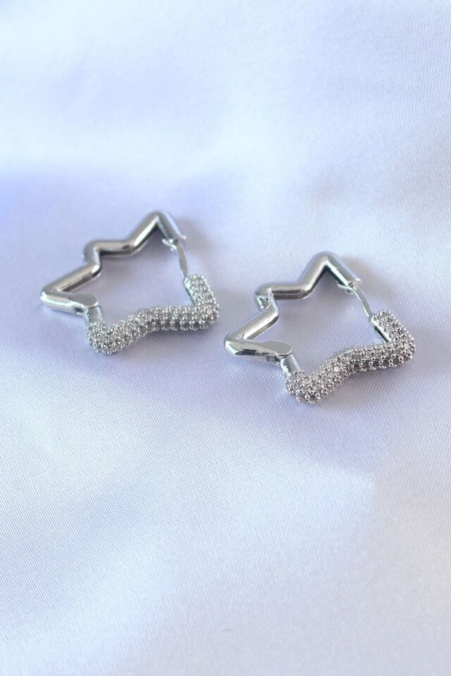 Mey İthalat® Gümüş Renk Yıldız Model Zirkon Taşlı Pirinç Kadın Küpe