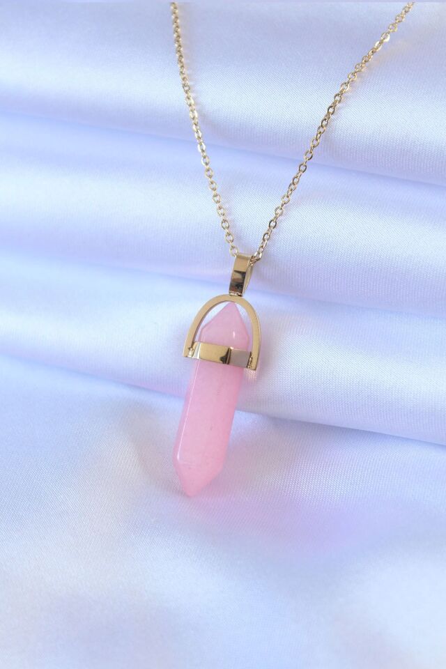 Mey İthalat® 316L Çelik Gold Renk Kristal Pembe Taş Model Kadın kolye