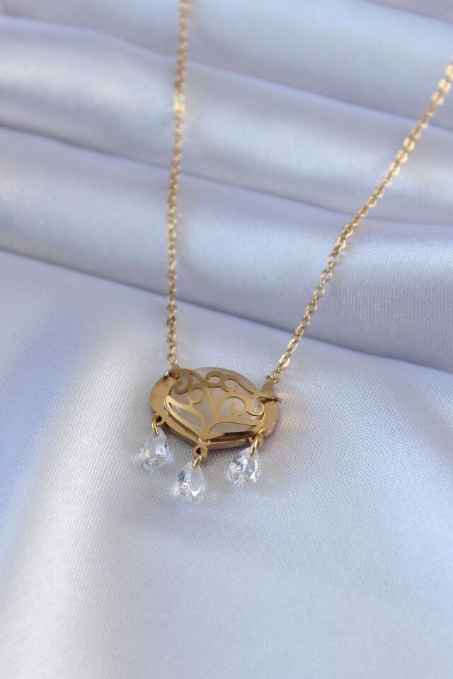 Mey İthalat® 316L Çelik Gold Renk Lotus Model Zirkon Taşlı Kadın Kolye