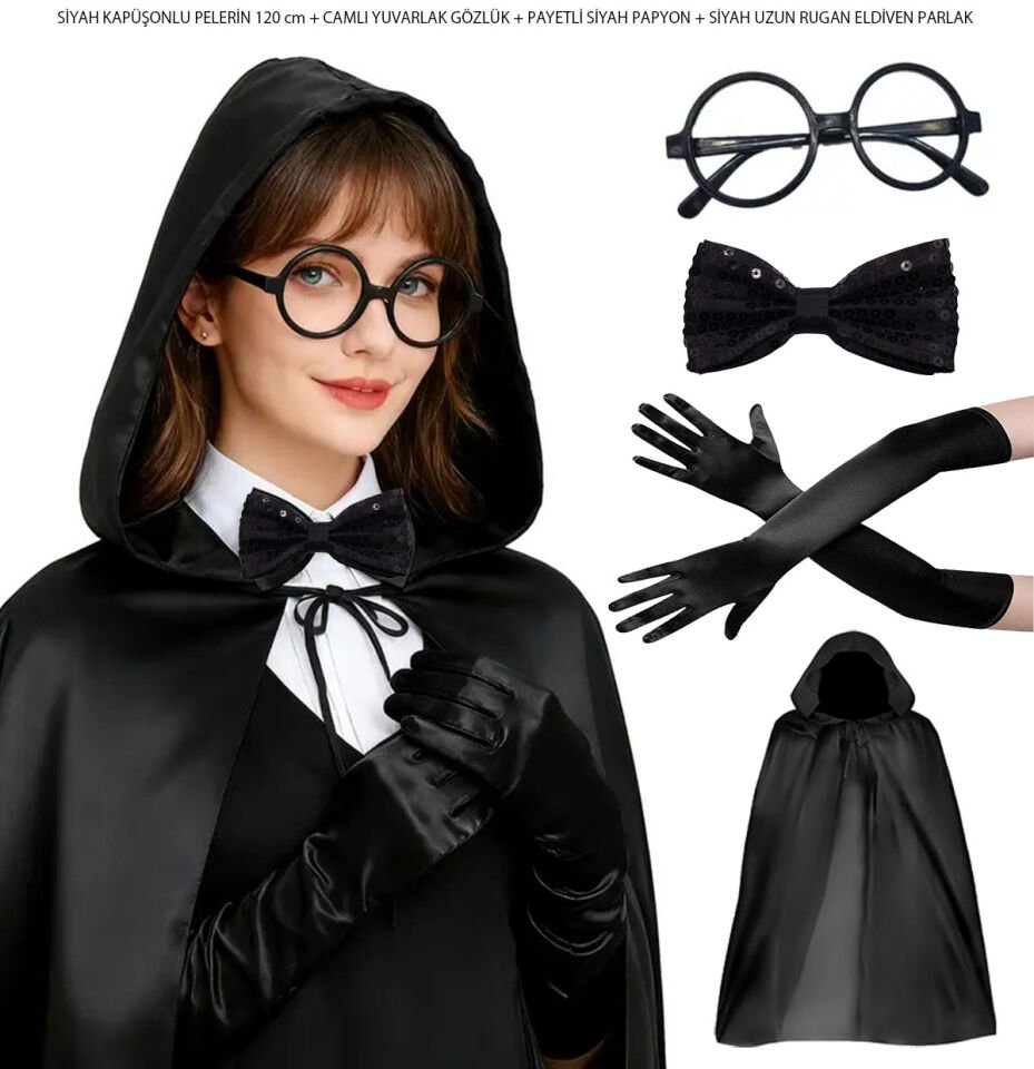 Siyah Kapüşonlu Büyücü ve Cadı Pelerin Kostüm Seti (4 Parça)
