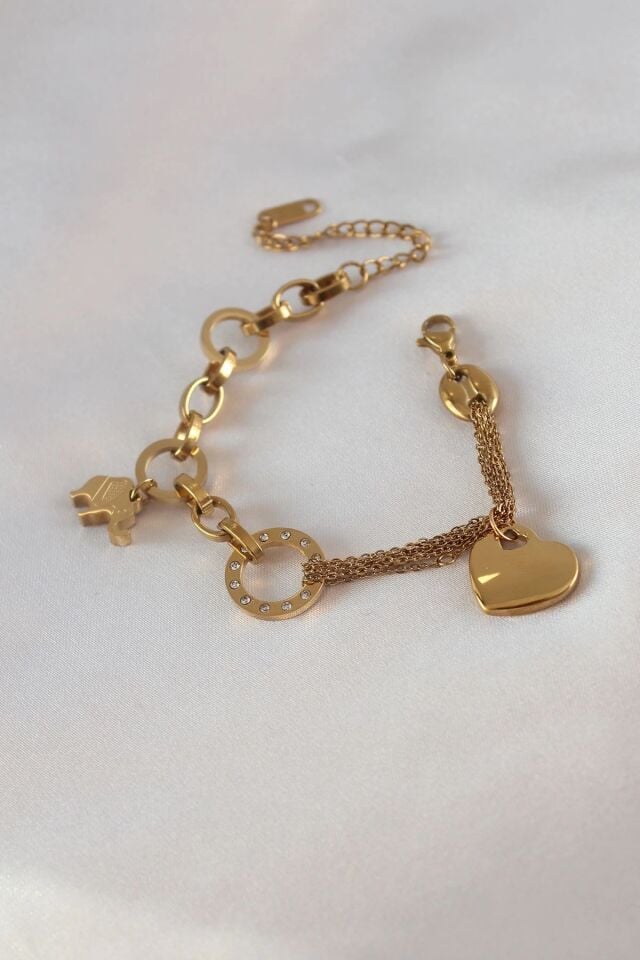 Mey İthalat® 316L Çelik Gold Renk 2'li Zincir Model Zirkon Taş Detay Kadın Bileklik