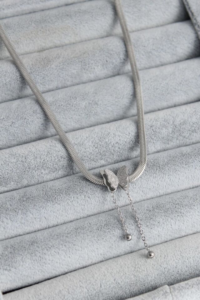 Mey İthalat® 316L Çelik Gümüş Renk İtalyan Zincir Model Simli Kelebek Figür Kadın Kolye