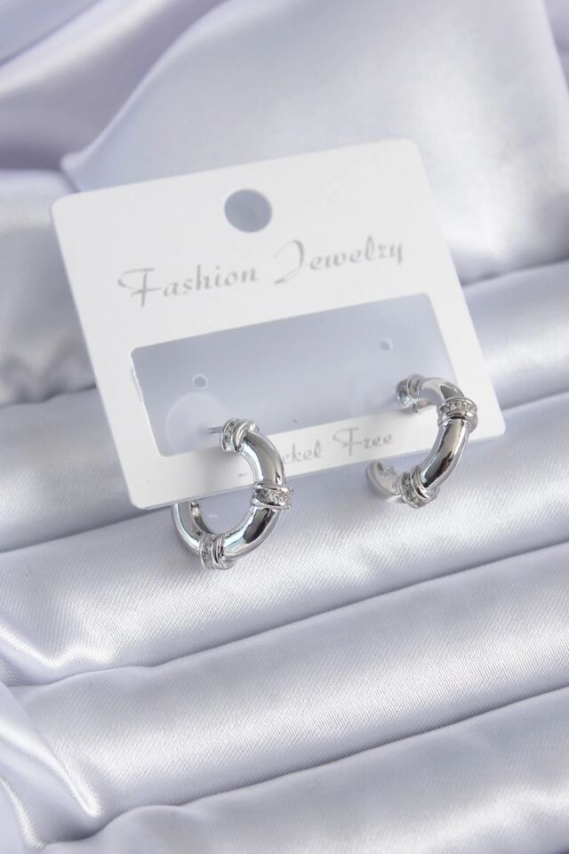 Mey İthalat® Gümüş Renk Zirkon Taşlı Halka Model Pirinç Kadın Küpe