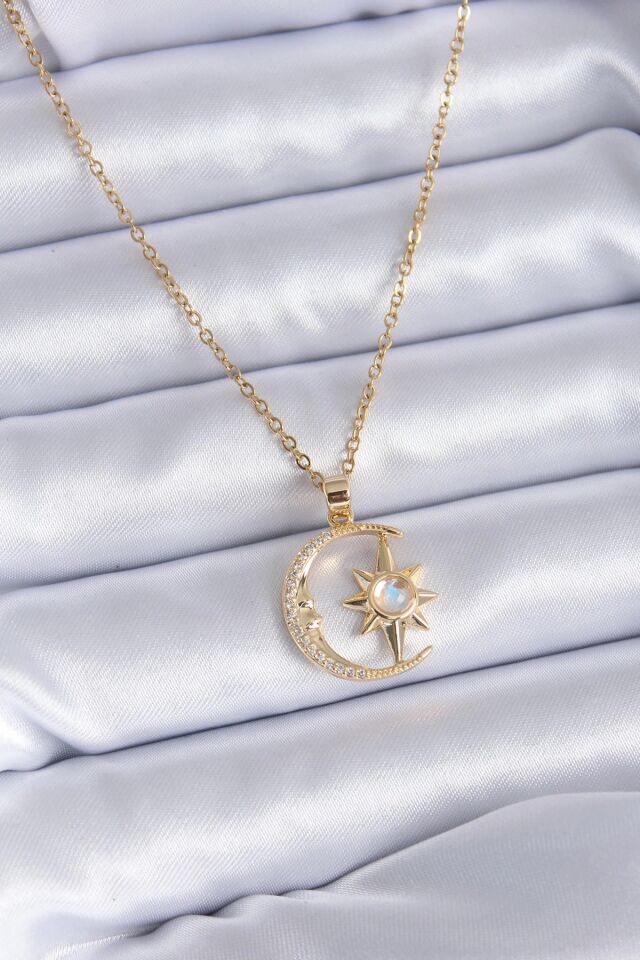 Mey İthalat® 316L Çelik Gold Renk Zirkon Taşlı Ay Yıldız Model Kadın Kolye