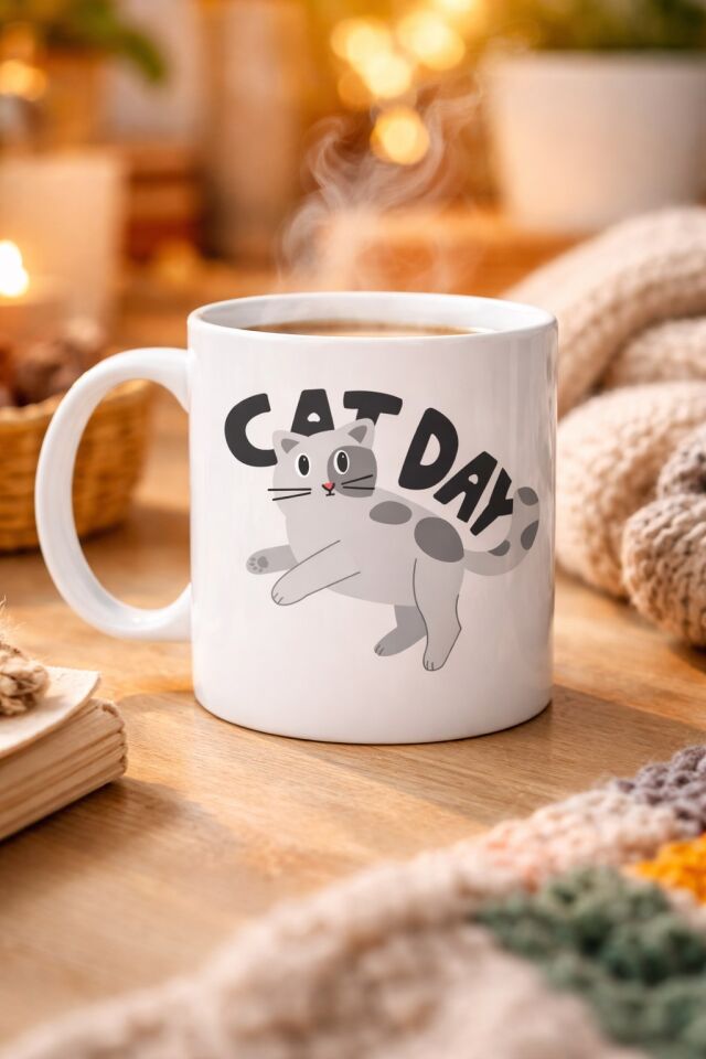 Cat Day Kedi Desenli Porselen Kupa MODEL 67 – Sevimli Kedi Figürlü, Günlük Kullanıma Uygun, Kahve & Çay Kupası