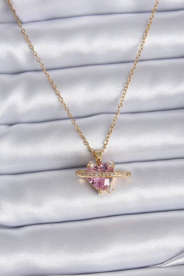 Mey İthalat® 316L Çelik Gold Renk Zincir Pembe Kristal Kalp Model Zirkon Taş Detay Kadın Kolye