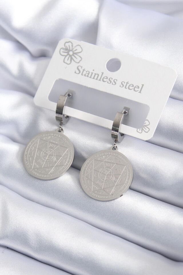 Mey İthalat® 316L Çelik Gümüş Renk Pentagram İşleme Model Kadın Küpe