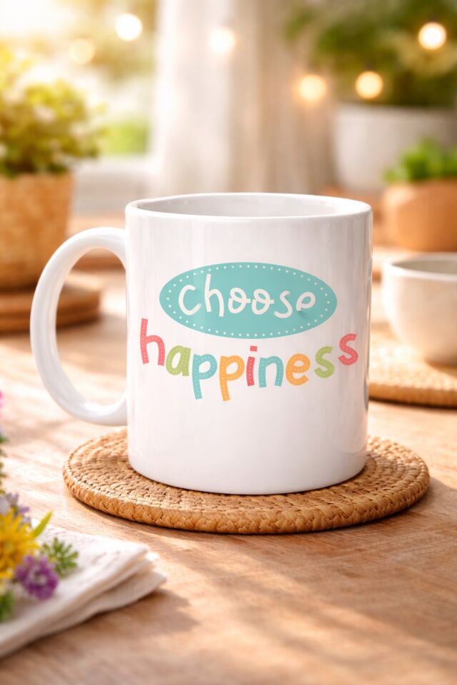 Choose Happiness ''MUTLULUĞU SEÇ'' Yazılı Porselen Kupa MODEL 156 – Motivasyon Kupası – Renkli Tasarım – Kahve & Çay Kupası – Mutluluk Temalı Hediye